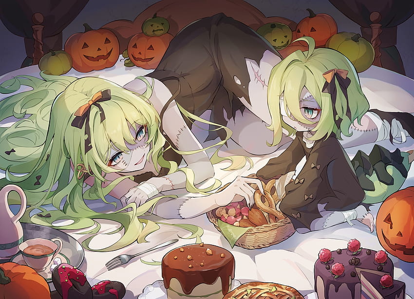 2 dziewczyny łóżko ciasto napój opaska na oko jedzenie zielone włosy halloween honkai wpływ loli długie włosy mobius, mobius honkai Tapeta HD