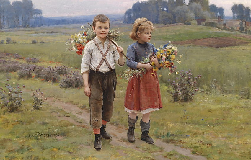 French painter, 1895, French painter, Caesar Pattan, Cesar Pattein, The kids are coming home, Children Returning Home , section живопись HD wallpaper