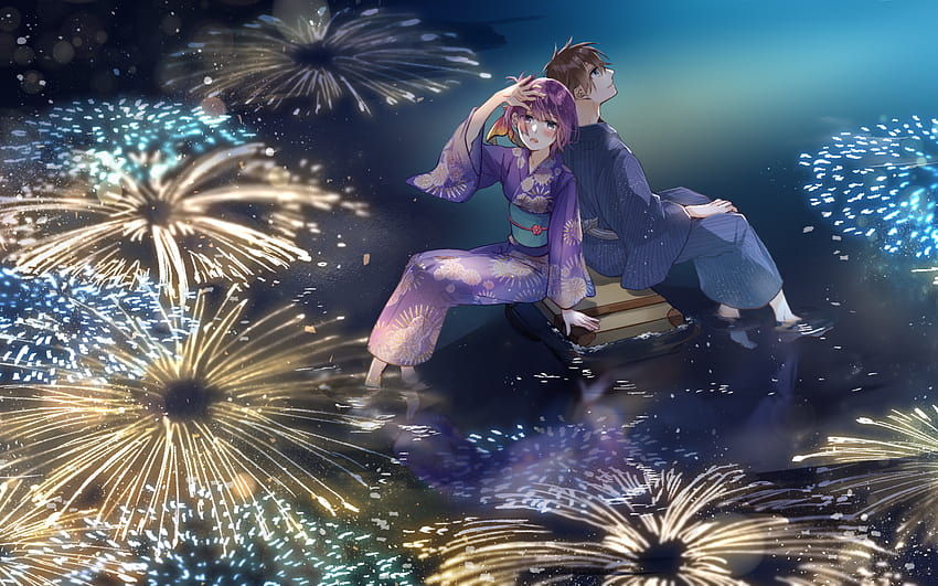 1920x1200 Anime Couple, Yukata, Fireworks, Water, anime firework HD wallpaper