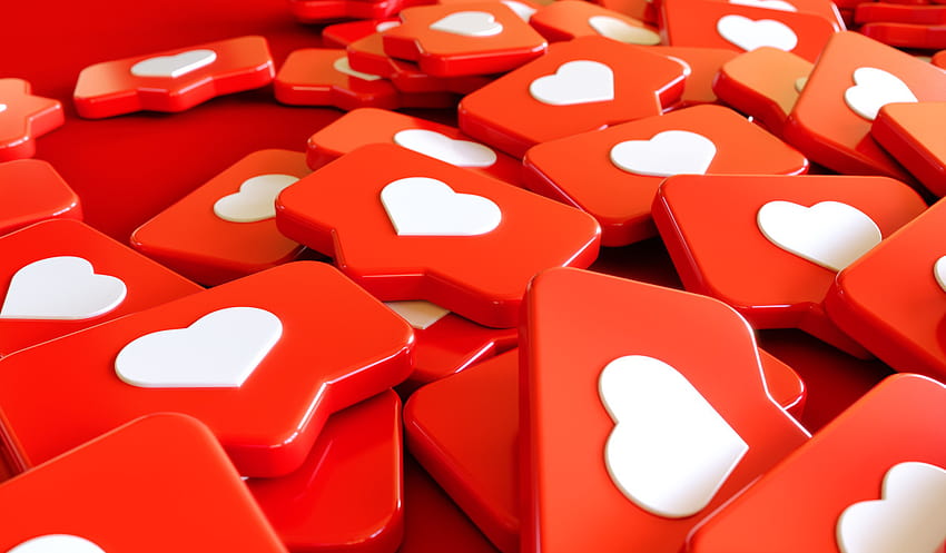 Réseau de médias sociaux Love and Like Heart Icon Arrière-plans de rendu 3D en rouge, icône de médias sociaux Fond d'écran HD