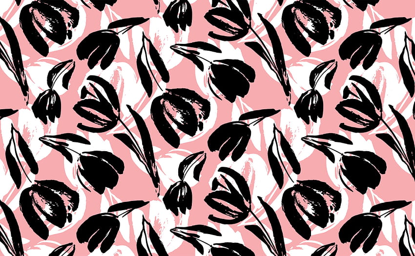 High contrast black white pink sketch tulip flower motif Pattern for Walls, aesthetic cow pink HD wallpaper