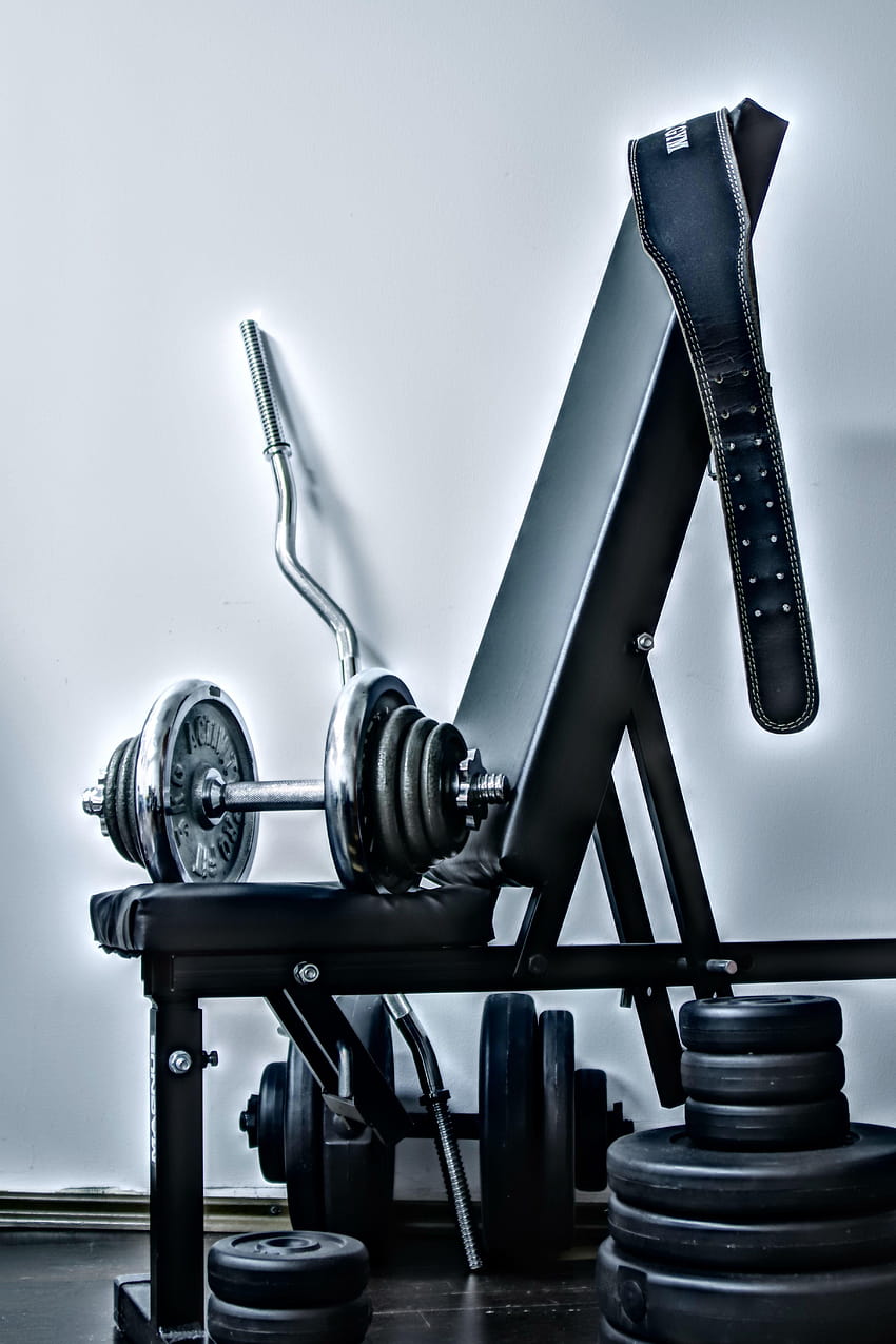 black workout bench with dumbbells HD phone wallpaper