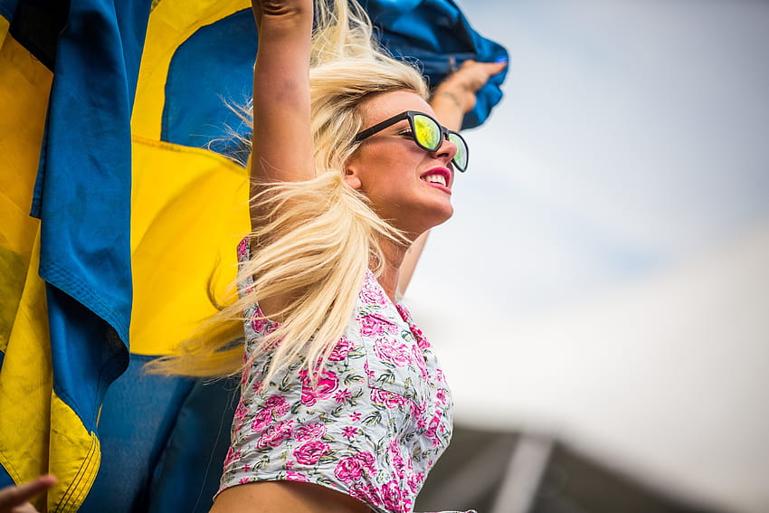 : women outdoors, model, blonde, looking away, sunglasses, glasses, graphy, smiling, yellow, blue, flag, pink lipstick, fashion, eyeliner, Swedish, spring, clothing, color, girl, beauty, smile, lady, shoot, vision care, eyewear, swedish women HD wallpaper