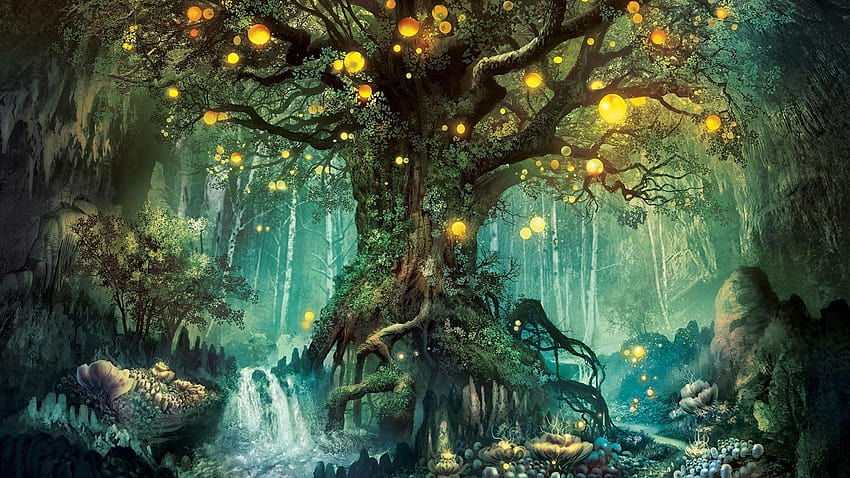 Foresta magica, albero, luci, design creativo, foresta Sfondo HD