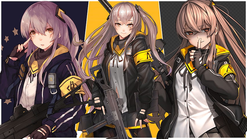 Download wallpaper girl, weapons, anime, art, jacket, yellow background,  Girls Frontline, Girls front, section shonen in resolution 640x960