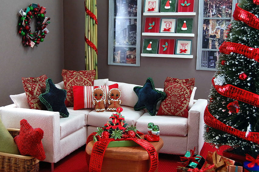 : red, Christmas Tree, holiday, interior design, decor, dolls, dioramas, christmas decoration, living room, fashionroyalty, sininthecity 3008x2000 HD wallpaper