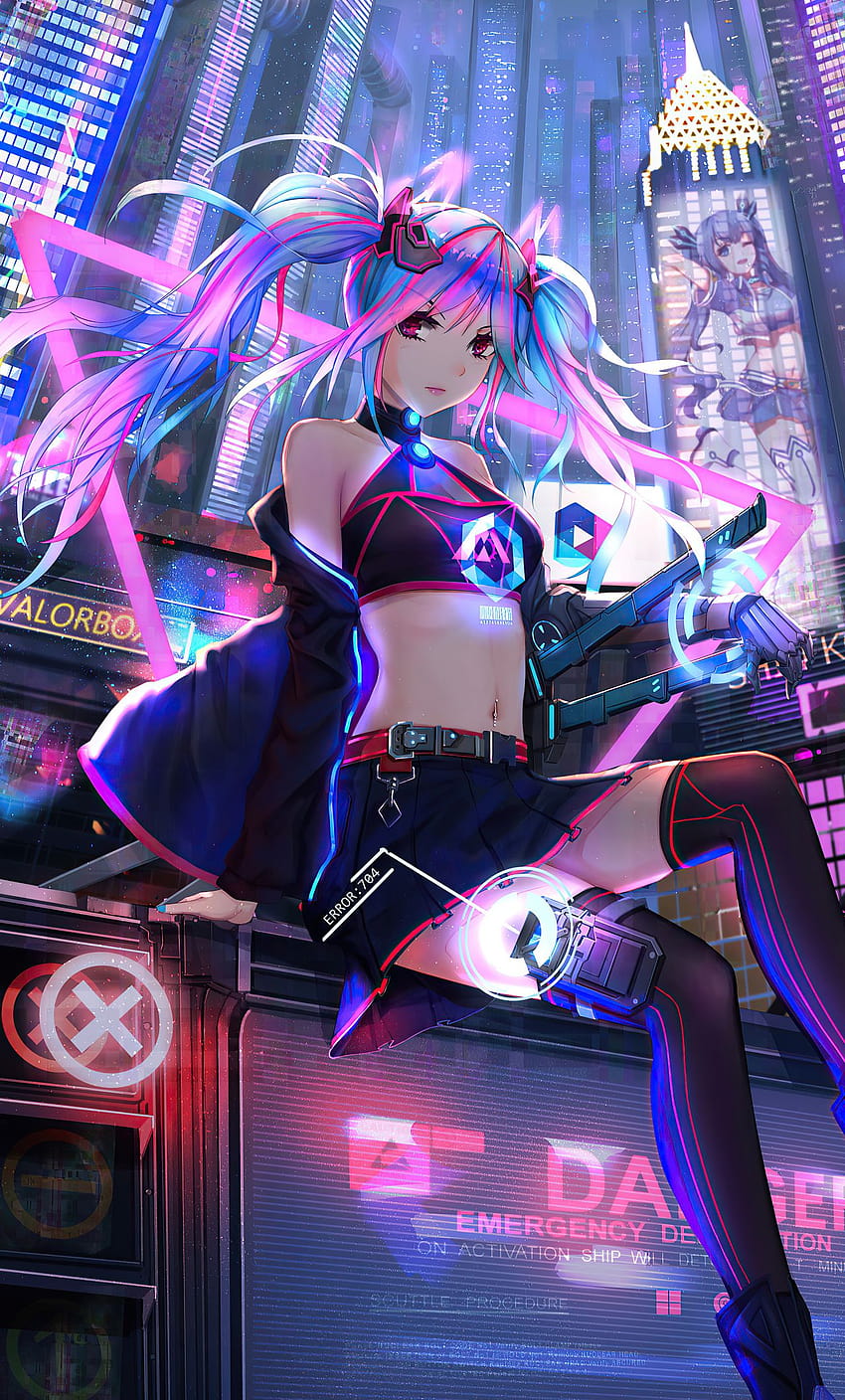 1280x2120 Anime Cyber Girl Neon City ...qwalls HD phone wallpaper
