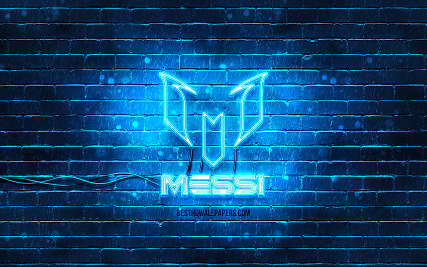 Синьо лого на Лионел Меси, синя тухлена стена, Лео Меси, фен арт, лого на Лионел Меси, футболни звезди, неоново лого на Лионел Меси, Лионел Меси с резолюция 3840x2400. Високо качество, символ на Меси HD тапет