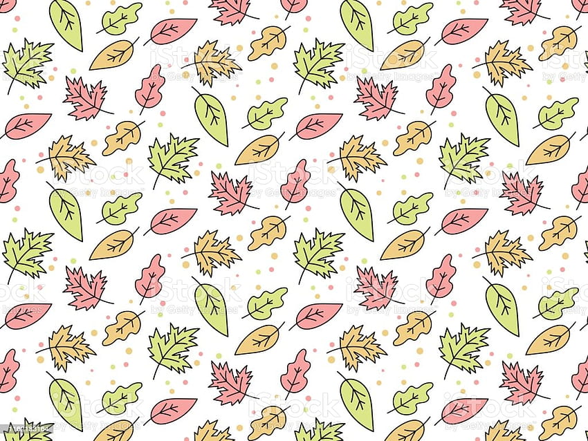 Wzór jesiennych liści na przezroczystym tle linie konturowe płaskie pastelowe i jasne kolory ilustracji, wzorzysty jesienny laptop Tapeta HD