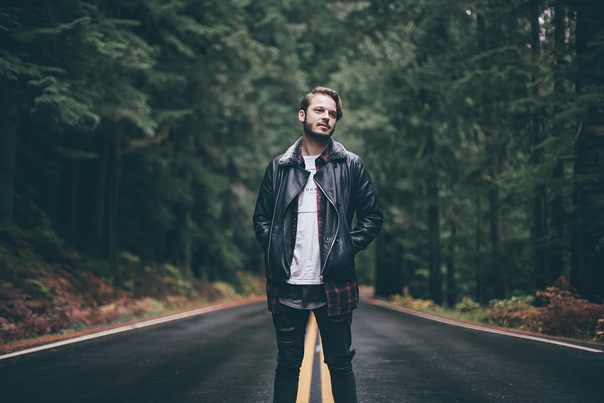 515452 5616x3744 highway, stand, road, man, caucasian, leather, male, person, green, jacket, bokeh, guy, blur, tree, street, standing, forest, hipster, hand, shirt, PNG HD wallpaper