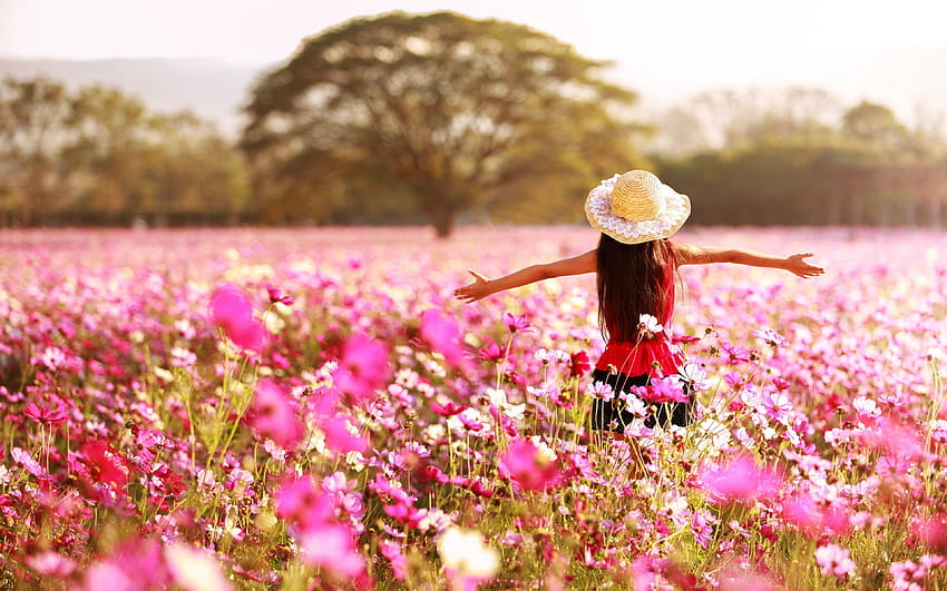 : 3840x2400 px, childhood, children, countryside, Earth, flowers, fun, girls, happy, Joy, kids, landscapes, life, nature, pink, rose, spring, trees 3840x2400, flower children HD wallpaper
