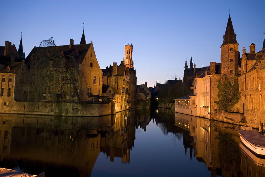 Belgium Houses Rivers Bruge Night Canal Cities HD wallpaper