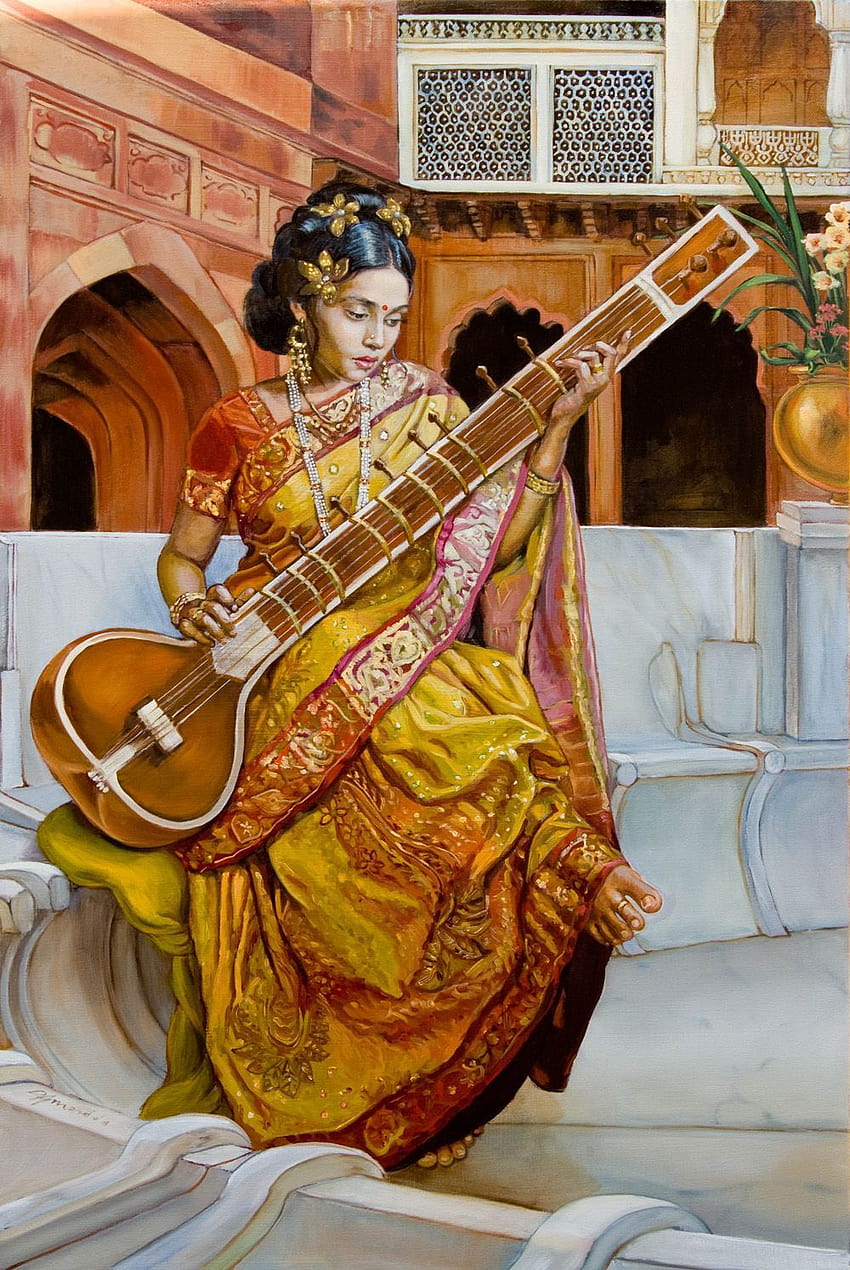 Senhora com sitar, pintura a óleo, realismo, senhora, Índia, Sitar, pintura a óleo de mulheres indianas Papel de parede de celular HD