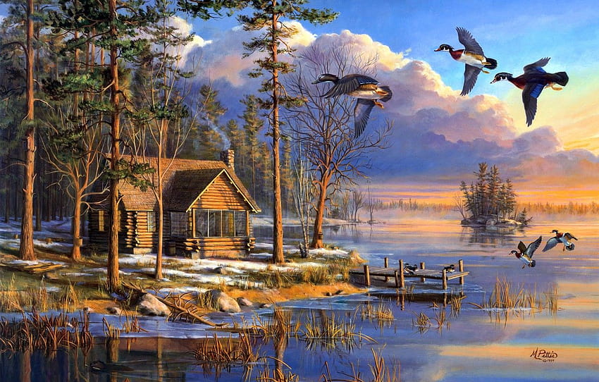 house, forest, flying, lake, sunrise, painting, spring, Mary Pettis, ducks, Spring Arrivals , section животные, spring lake sunrises HD wallpaper