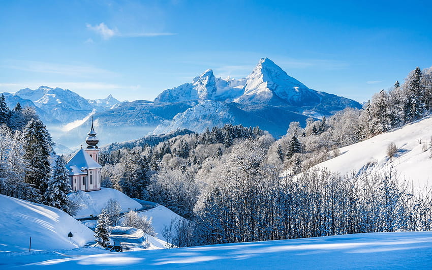 winter, alps, blue sky, mountains, church mountains HD wallpaper