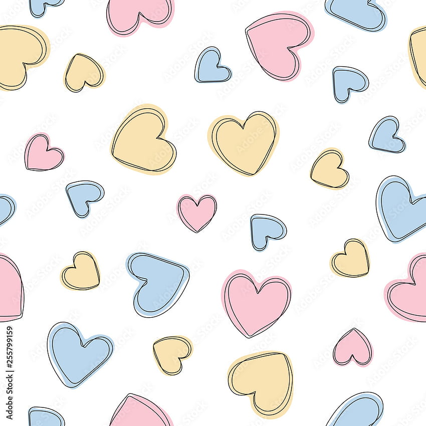 Latar belakang lembut, merah muda pastel, kuning dan biru dengan hati. Pola vektor mulus dengan hati. Latar belakang bayi cinta manis yang lucu. Desain warna-warni untuk tekstil, kain, dekorasi. Stok Vektor wallpaper ponsel HD