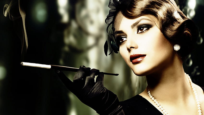 Women Vintage Fashion graphy Smoking Face Brunette Short Hair Eyeliner Pearl Necklace Looking I HD wallpaper