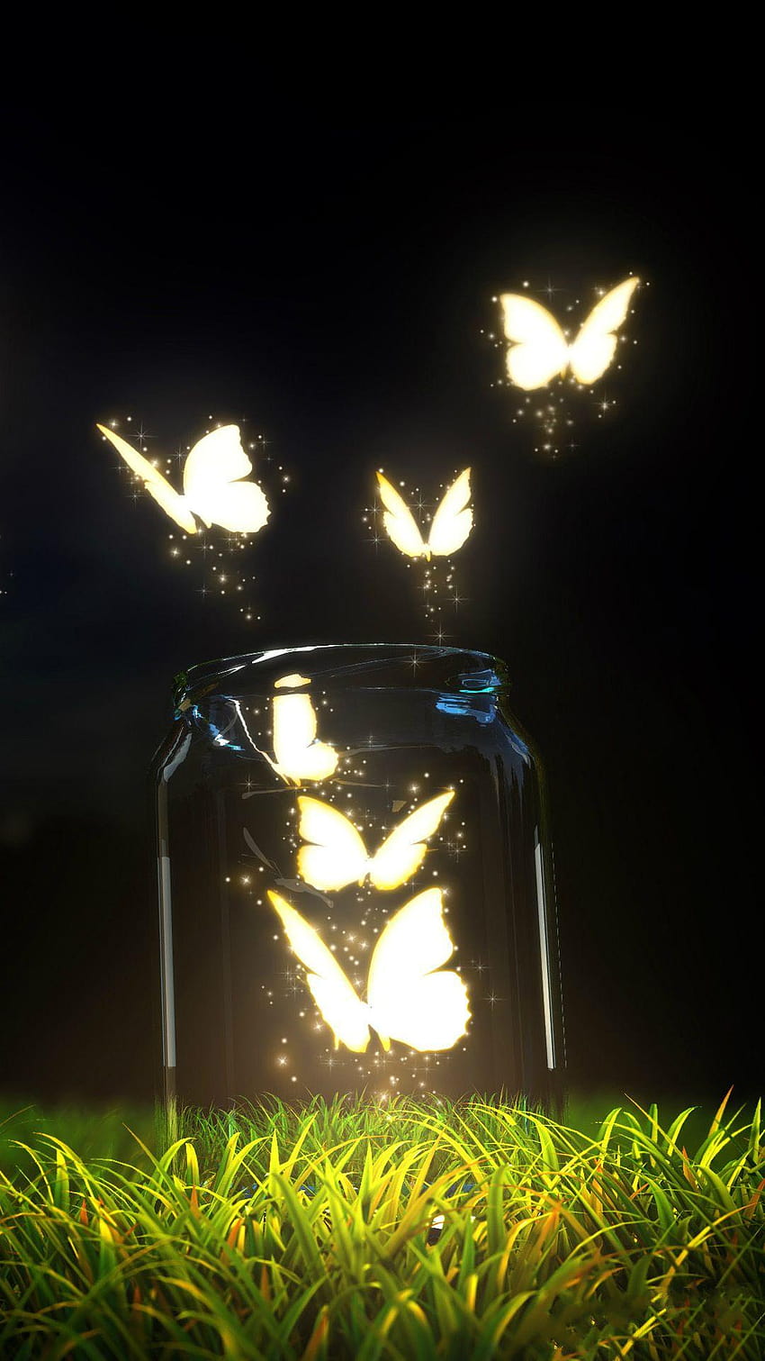 ↑↑TIPP UND HOL DIR DIE APP! Glänzendes Glas mit Schmetterlingen, leuchtende Lichter HD-Handy-Hintergrundbild