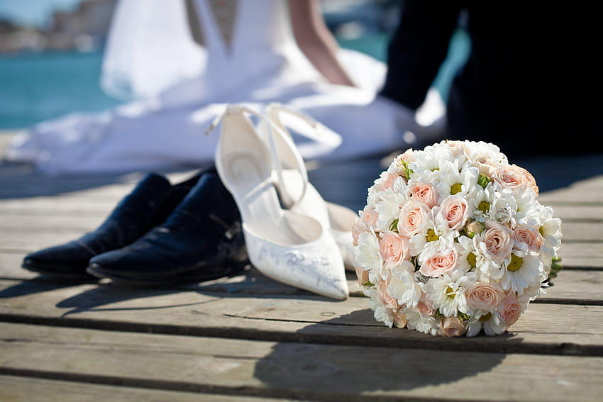 bouquet de mariage fleurs roses mariée marié chaussures bouquet de mariage Fond d'écran HD