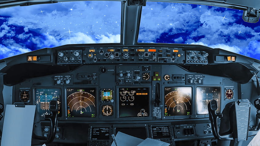 Night flight inside a cockpit flying in the sky with moon, stars and, airplane cabin HD wallpaper