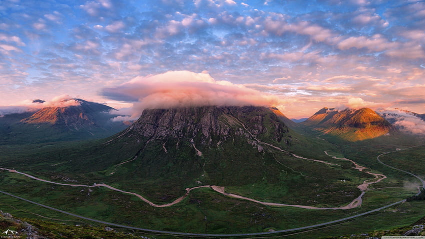 nature forest river mountain pass clouds landscape sky scottish, highlands HD wallpaper