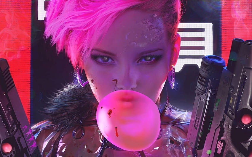 Female character with pistols , cyberpunk, futuristic, bubble gum HD wallpaper