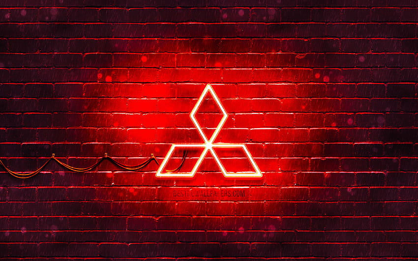 Rotes Mitsubishi-Logo, rote Ziegelwand, Mitsubishi-Logo, Automarken, Mitsubishi-Neonlogo, Mitsubishi, Neonziegel HD-Hintergrundbild
