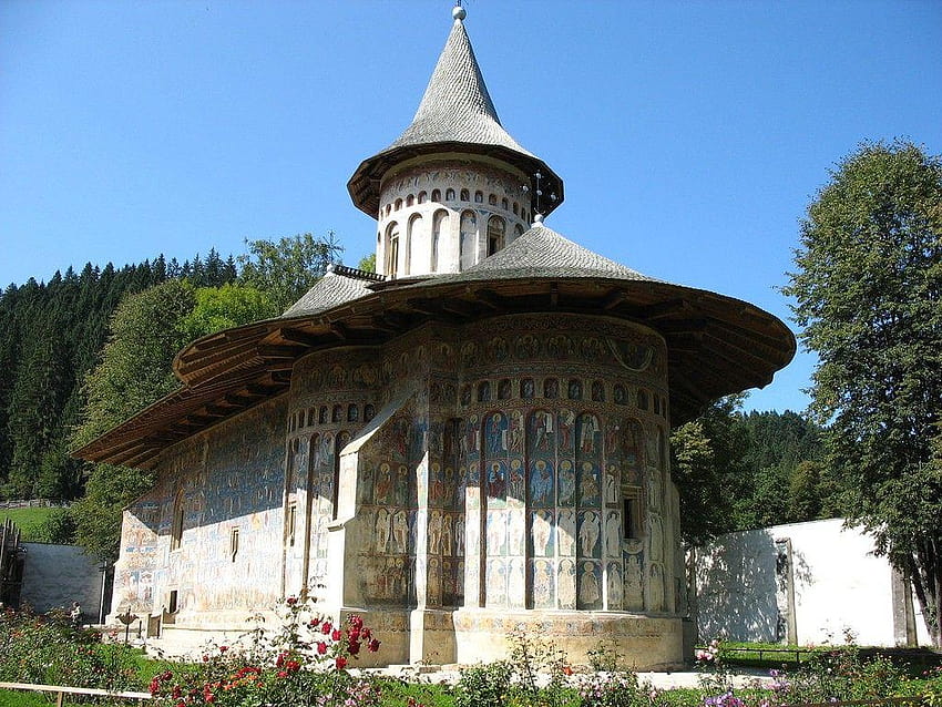 Religious: Voronet Monastery Romania Peisaj Blue Sky Suceava Tree, moldova HD wallpaper