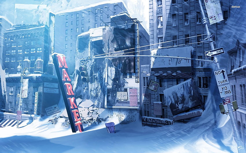 Winter Anime, snow anime city HD wallpaper