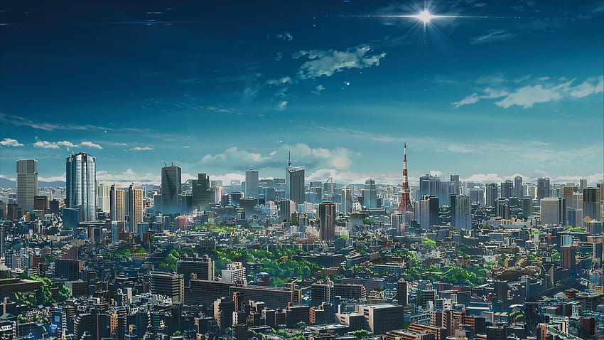 : アニメ、風景、都市、空、雲、都市、東京タワー 2048x1152、都市アニメ 高画質の壁紙