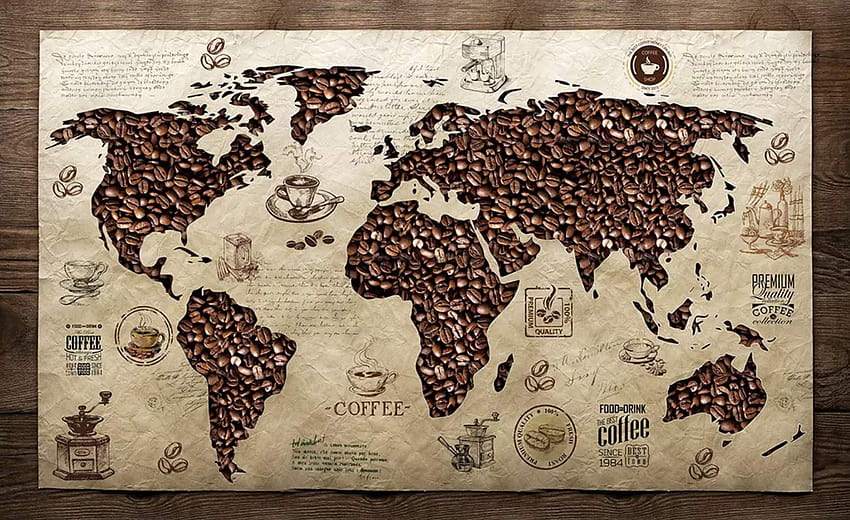 Murwall 지도 3D 커피 지도 벽 벽화 커피 콩 벽 예술 세계 지도 벽 예술 현대 카페 디자인 거실 입구: 수제 제품 HD 월페이퍼