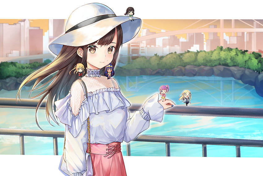 2680x1800 Anime Girls, Chibi, Brown Hair, Happy, Hat, Summer, chibi summer HD wallpaper