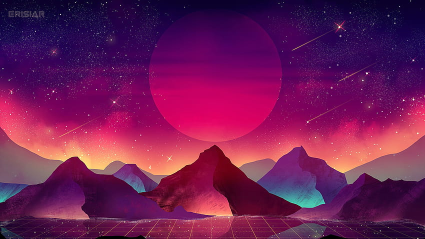 2560x1440 terrain, vaporwave, moon, mountains, anime playstation vaporwave HD wallpaper