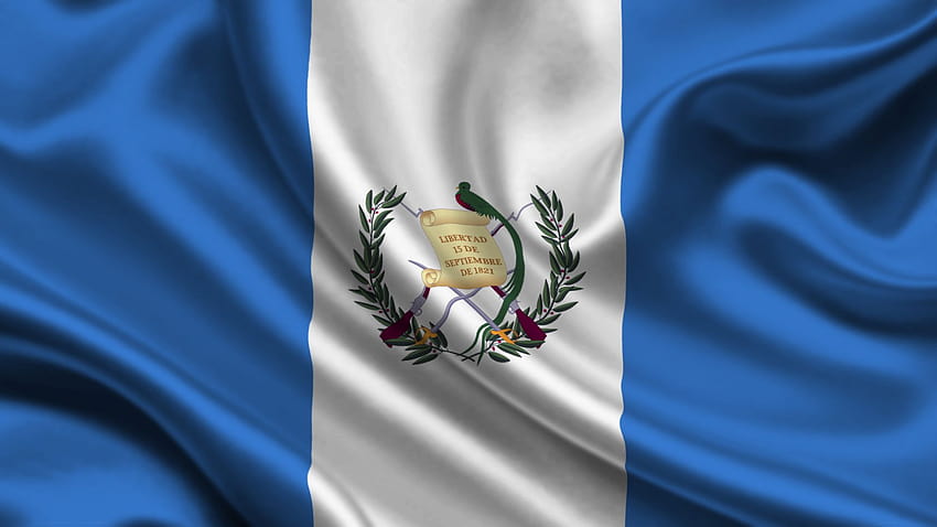 グアテマラの国旗 水色、白、水色の 3 つの等しい縦方向の帯で、中央に紋章があり、メキシコとグアテマラの国旗が一緒になっています 高画質の壁紙
