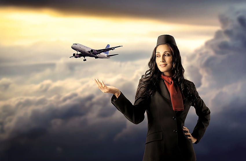 Flugzeug Stewardessen Mädchen Uniform Wolken Luftfahrt, Luftfahrt weiblich HD-Hintergrundbild