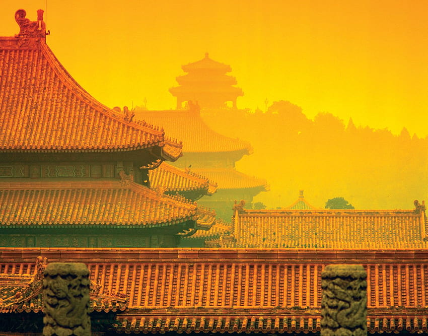Chinese architecture, aesthetic yellow horizontal HD wallpaper