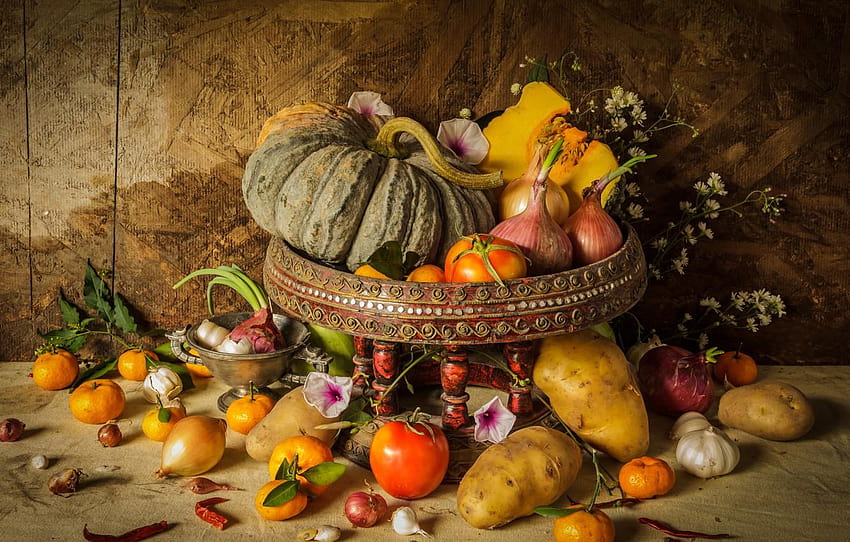 Autumn harvest vegetables fruits, autumn still life HD wallpaper