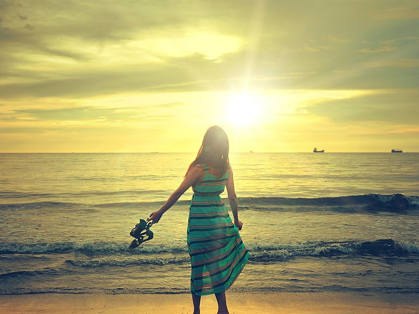 Happy girl walk in beach, sunshine, sea, waves 750x1334 iPhone 8/7, walk alone girl HD wallpaper
