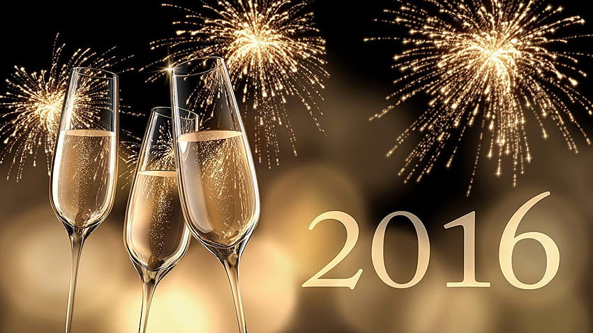 2016 New year Fireworks Sparkling wine Three 3 Stemware HD wallpaper