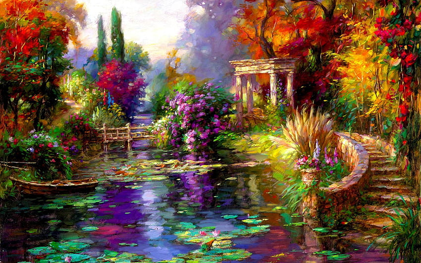 Pretty Garden Pond ボートステップ、 高画質の壁紙