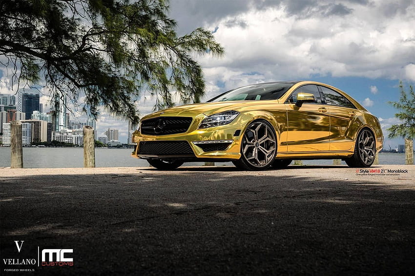Mercedes CLS 63 AMG cars gold chrome wrapping tuning, chrome cars HD wallpaper