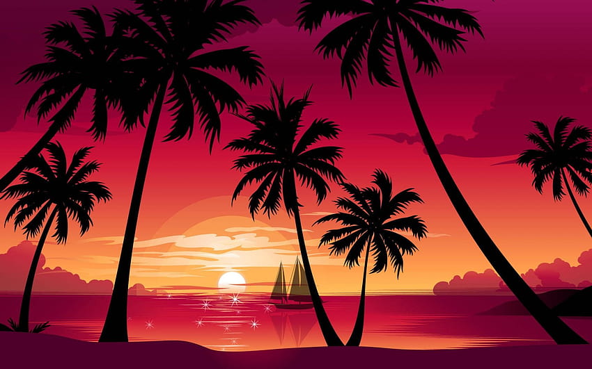 palm trees tags Nature beach sea boat sun, boat beach trees sunlight HD wallpaper
