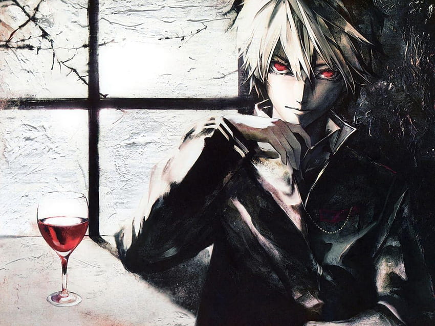 hot boy/red eyes / glass of blood / white hair / dark side, cool boy anime HD wallpaper