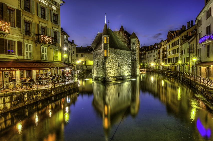 : city, cityscape, night, building, reflection, sky, symmetry, Tourism, evening, river, R, town, canal, metropolis, Annecy, tree, landmark, tourist attraction, computer , waterway, body of water 5051x3360 HD wallpaper