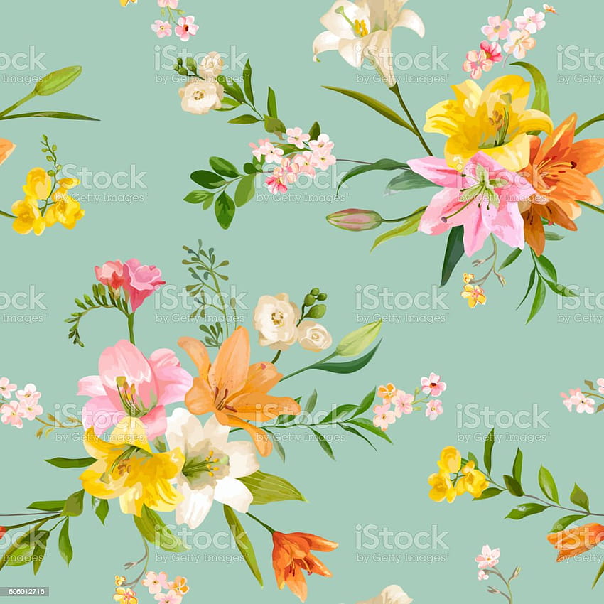 ビンテージ春の花の背景シームレス花柄ユリ パターン ストック イラスト、 HD電話の壁紙