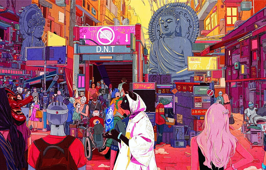 Dog, The city, Cat, Neon, Robots, People, Style, City, Fantasy, Dog, Art, Art, Robots, Buddha, Style, Fiction , section арт HD wallpaper