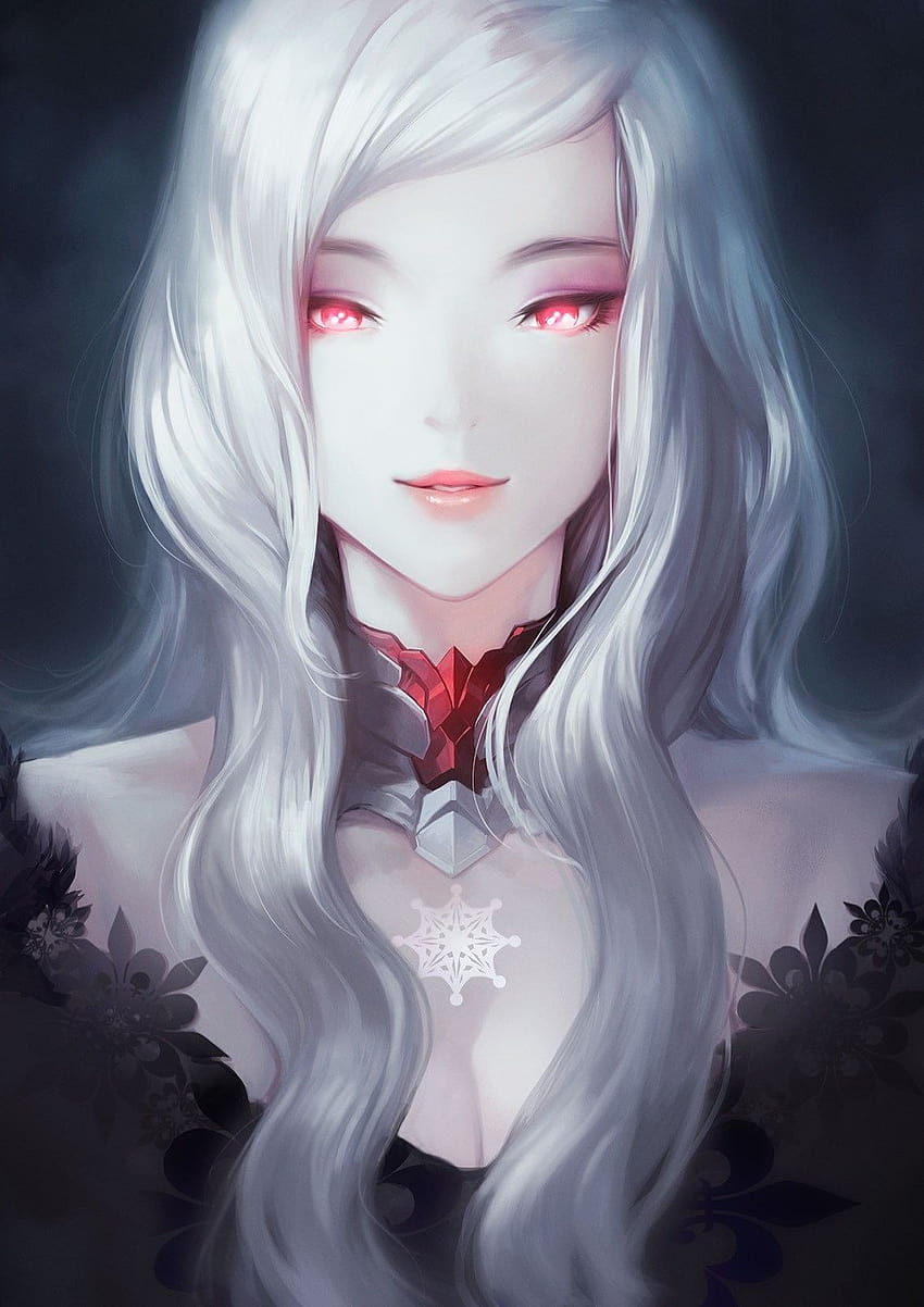 Personagem de anime feminina de cabelos grisalhos, olhos vermelhos, cabelos brancos, retrato, anime vermelho e cinza Papel de parede de celular HD