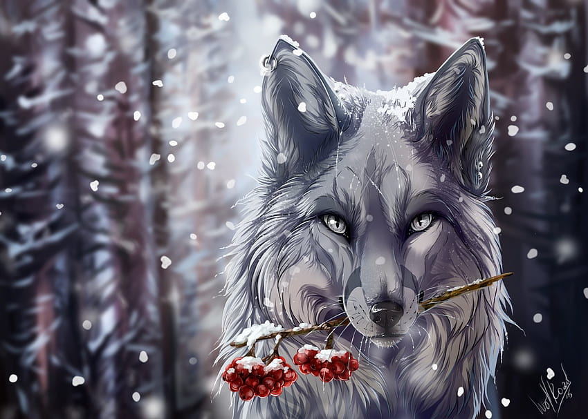 Fantasy Wolf in Snow Carrying Holly Berry Branch and Backgrounds HD wallpaper