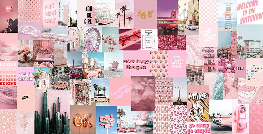 Trendy Light Pink Aesthetic Wall Collage Kit Digital คอมพิวเตอร์คอลลาจสีชมพู วอลล์เปเปอร์ HD