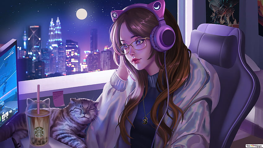 Anime Girl Lofi Cat HD wallpaper